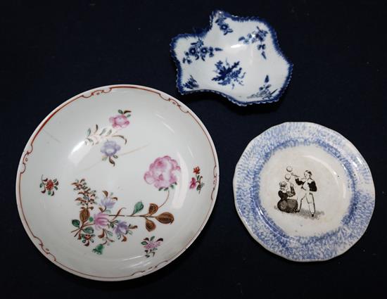 Small plate decorated with children blowing bubbles, a small blue bowl and a floral bowl